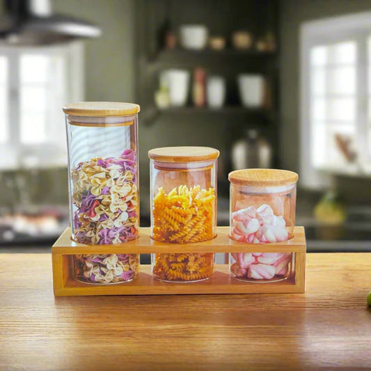 SET DE 3 RECIPIENTES C/ BASE DE MADERA GM1296-2A-80