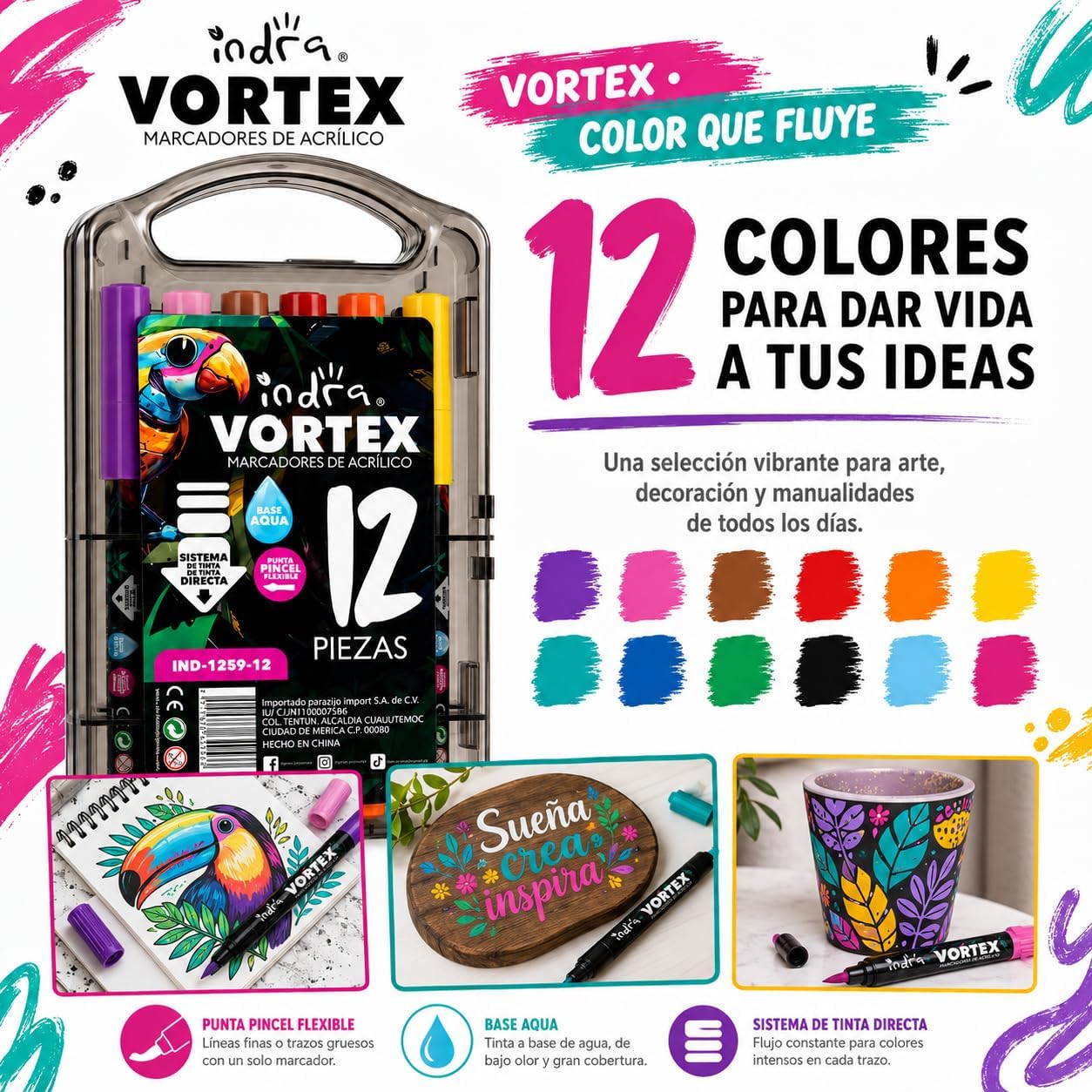 INDRA VORTEX Marcadores con Punta Pincel Flexible, con Sistema de Flujo Directo, Plumones para Dibujo y Lettering