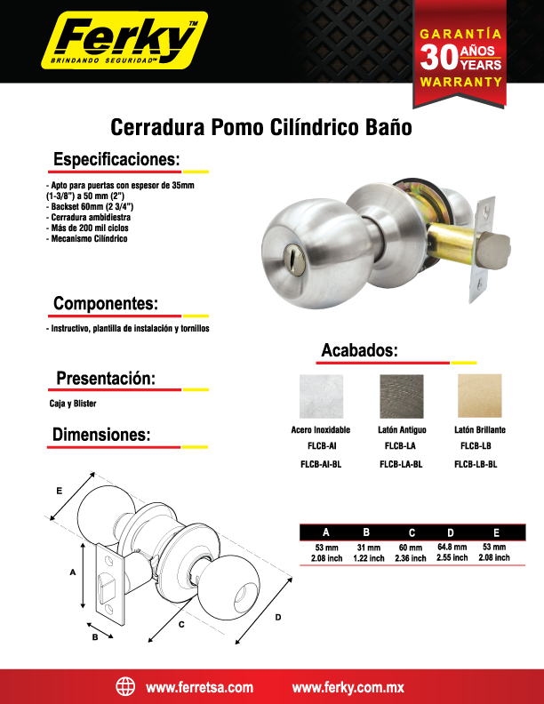 CERRADURA DE POMO CILINDRICA BAÑO FLCB-LA