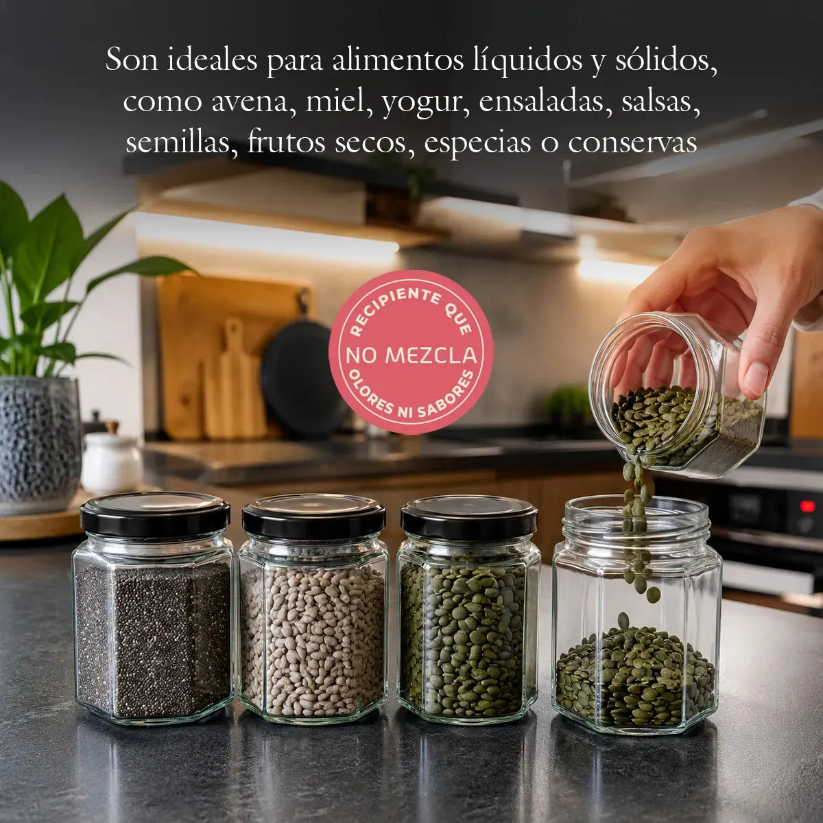 FRASCO HEXAGONAL TAPA NEGRA V/TAMAÑOS