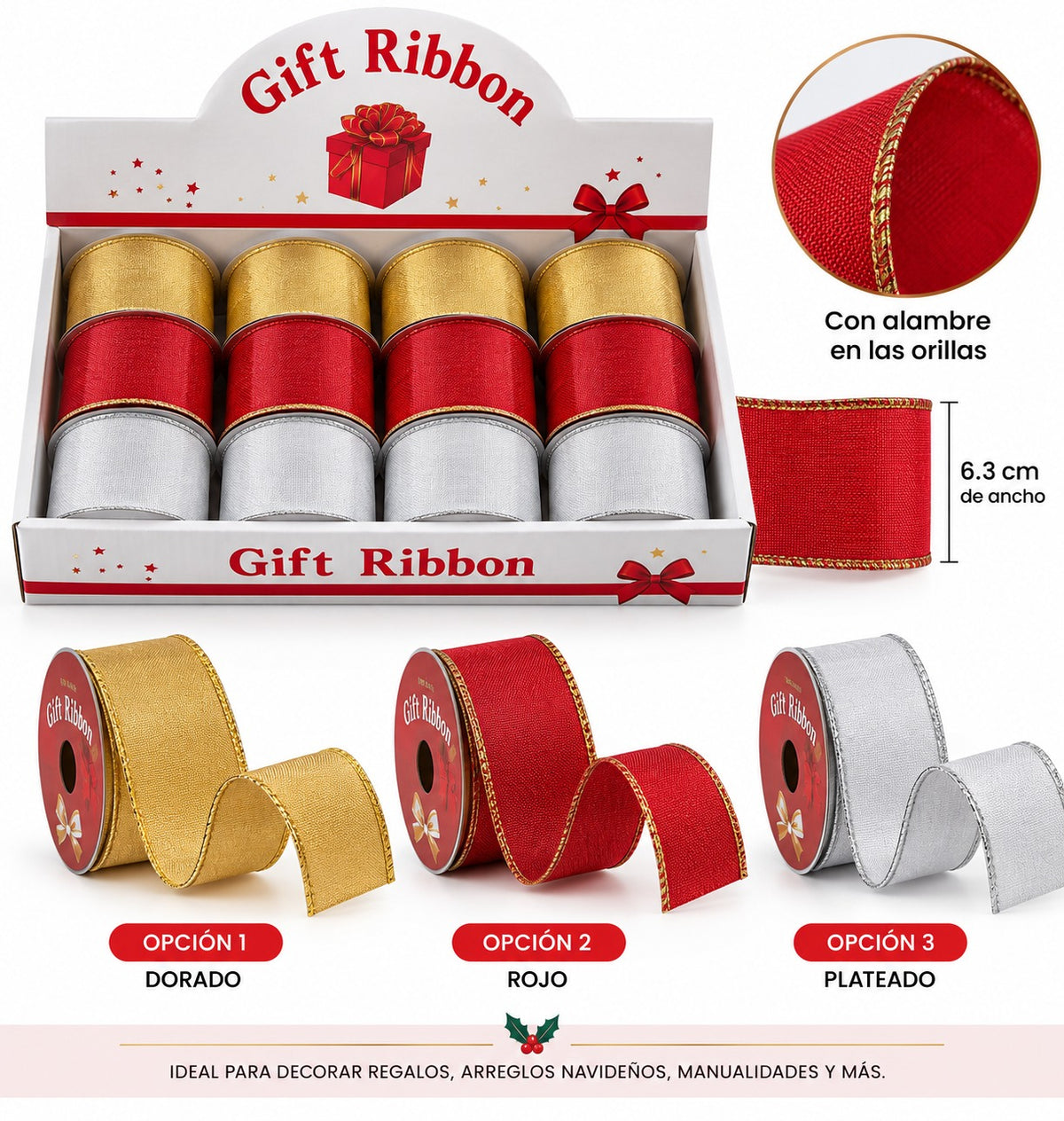 LISTON CON ALAMBRE 6.3CM X 10MTS GM640-7A-14