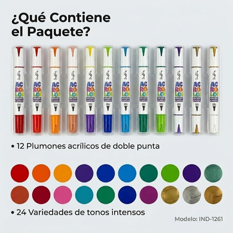 MARCADORES ACRILICO DOBLE PUNTA 12 PZAS IND-1261