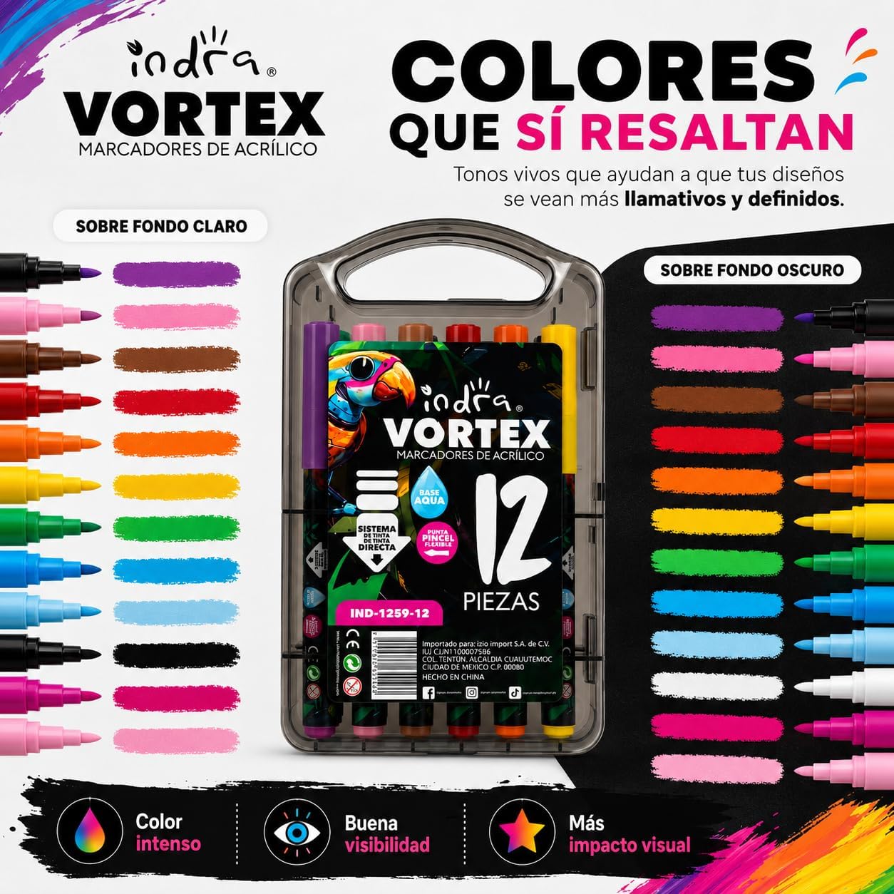 INDRA VORTEX Marcadores con Punta Pincel Flexible, con Sistema de Flujo Directo, Plumones para Dibujo y Lettering