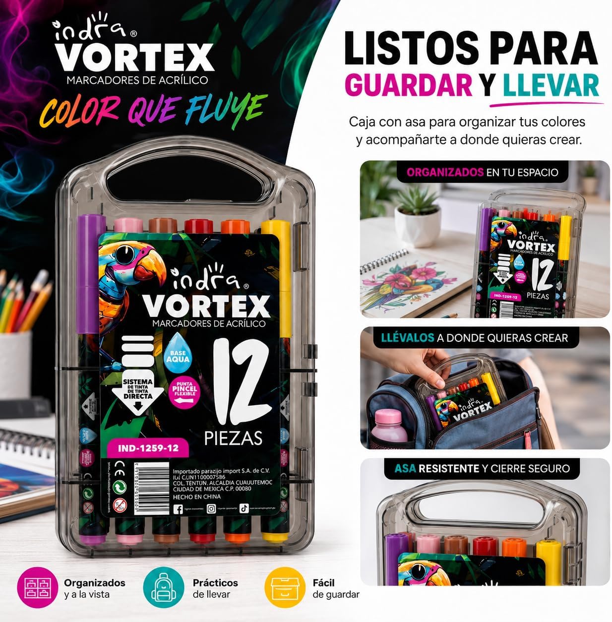 INDRA VORTEX Marcadores con Punta Pincel Flexible, con Sistema de Flujo Directo, Plumones para Dibujo y Lettering