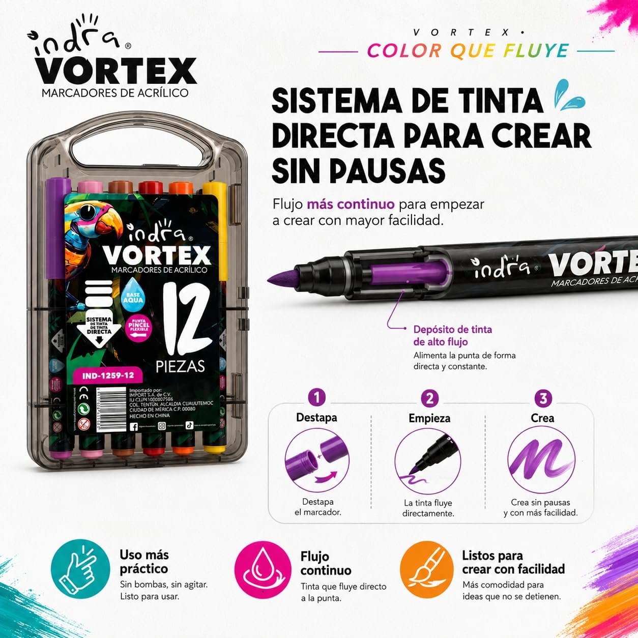 INDRA VORTEX Marcadores con Punta Pincel Flexible, con Sistema de Flujo Directo, Plumones para Dibujo y Lettering
