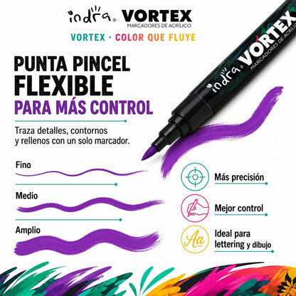 INDRA VORTEX Marcadores con Punta Pincel Flexible, con Sistema de Flujo Directo, Plumones para Dibujo y Lettering