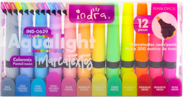 Marcatextos Resaltadores Pastel Neon 12pzs Indra Aqualight IND-0629