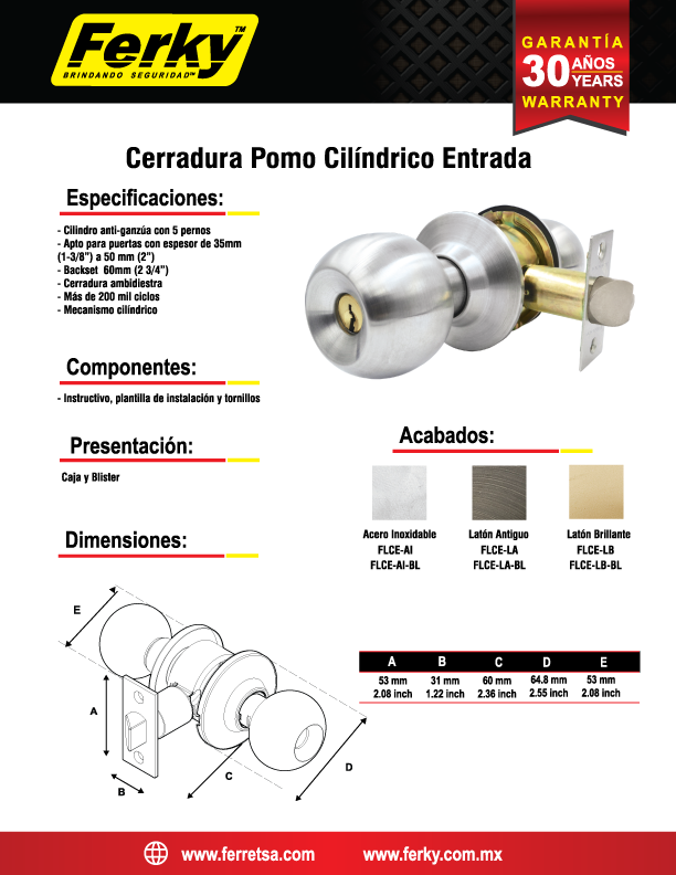CERRADURA DE POMO CILINDRICA ENTRADA C/LLAVE FLCE-LA