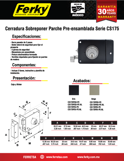 SOBREPONER 175 GRIS IZQUIERDA PRE-ENSAMBLADA CS175PGI-PE
