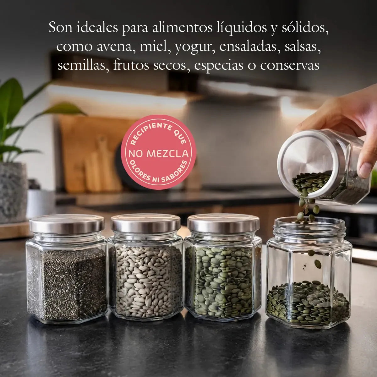 FRASCO HEXAGONAL TAPA PLATEADA V/TAMAÑOS