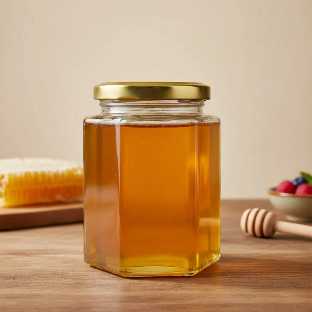 FRASCO HEXAGONAL TAPA DORADA V/TAMAÑOS
