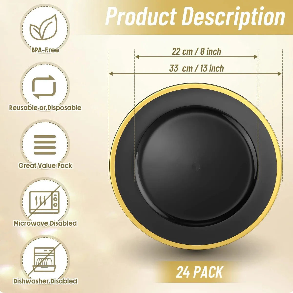 PLATO BASE GALA NEGRO C/FILO DORADO 3701N