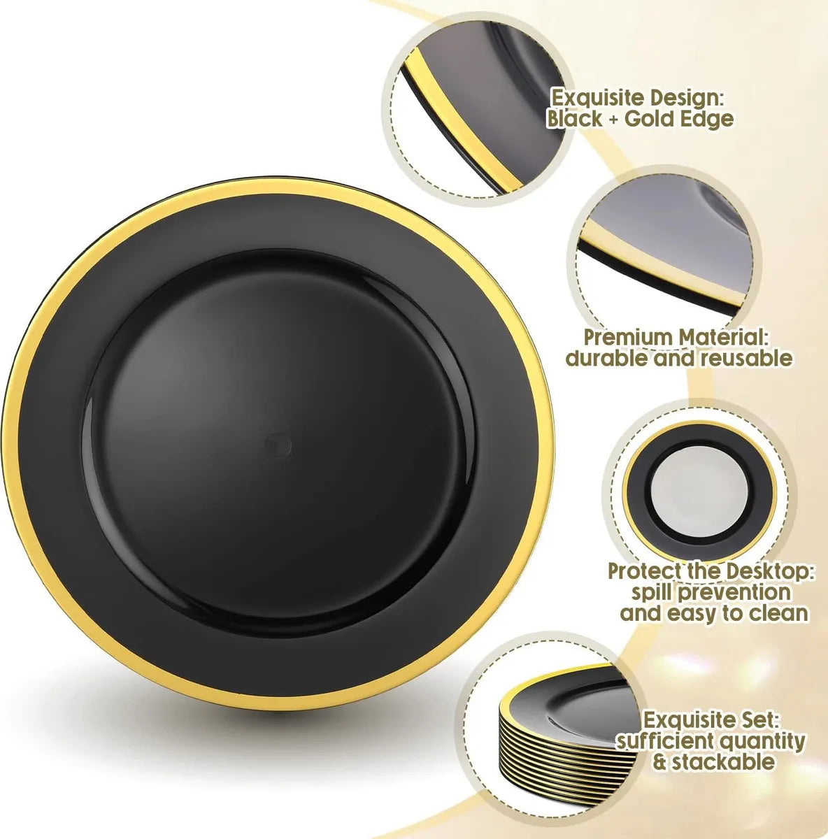 PLATO BASE GALA NEGRO C/FILO DORADO 3701N