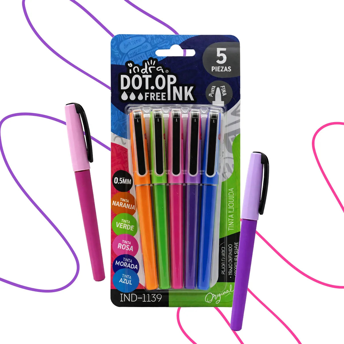 PLUMA TINTA DE COLORES 5 PZAS 0.5 MM IND-1139