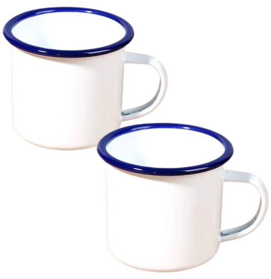 TAZA DE PELTRE COLOR BLANCO BORDE AZUL