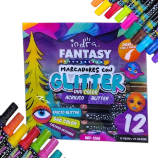 MARCADORES ACRILICO GLITTER DOBLE PUNTA 12 PZAS IND-1260