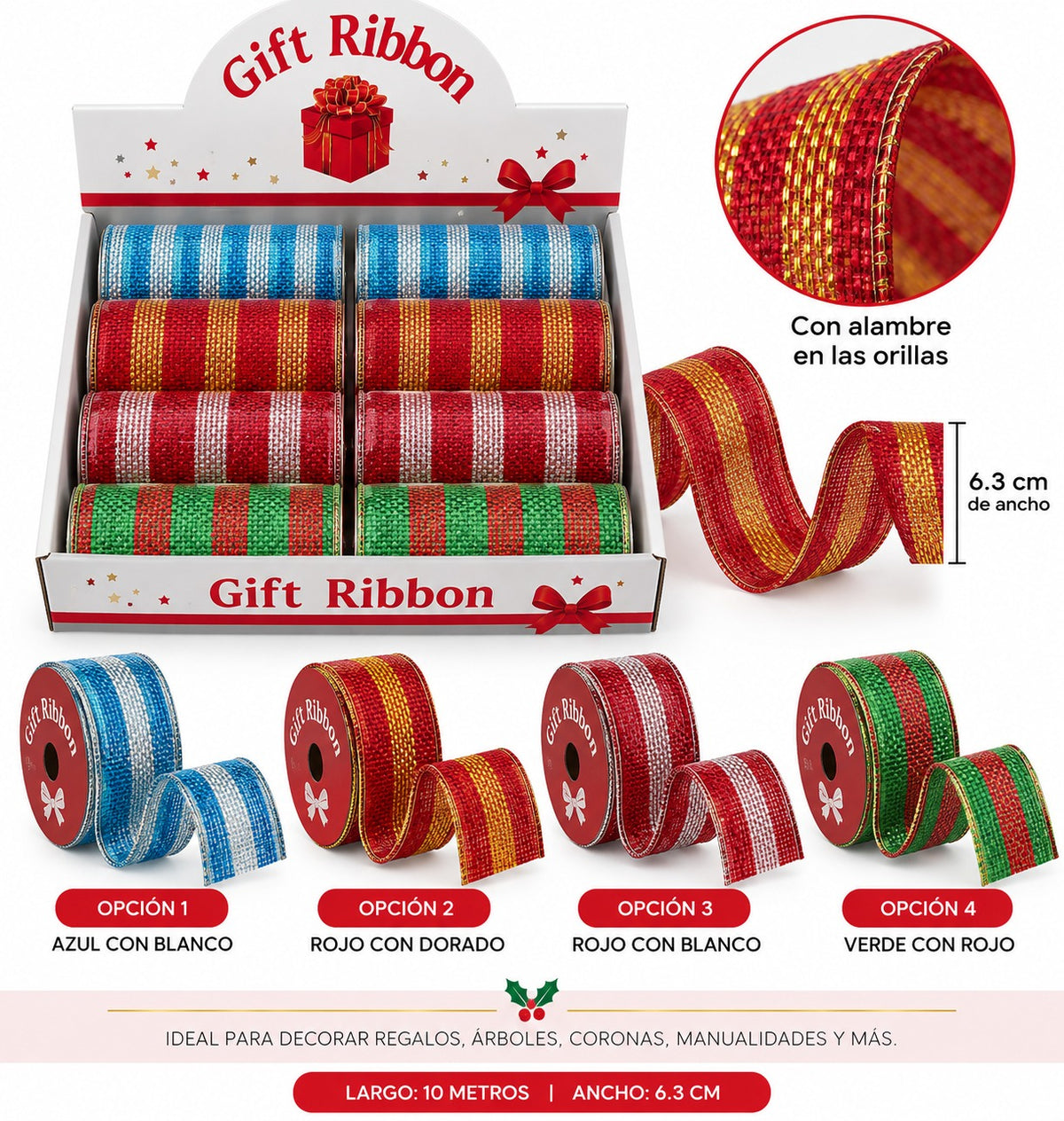 LISTON CON ALAMBRE 6.3CM X 10MTS GM640-7A-17